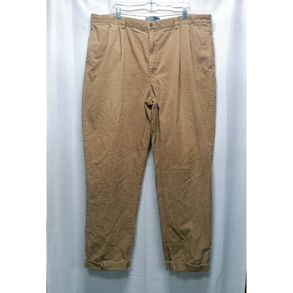 Vintage Polo Ralph Lauren Hammond Corduroy Pants Men‎ 44X34 Tan Pleated Cuffed